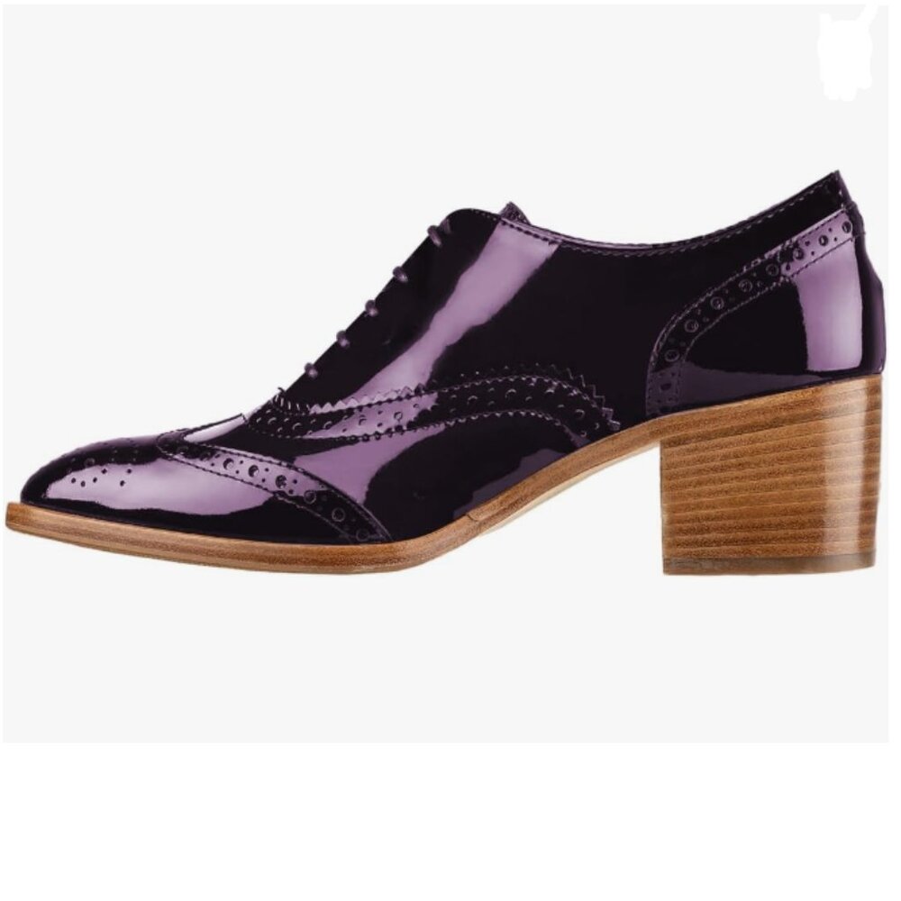 FOWT Purple Perforated Lace-Up Oxfords Almond Toe Chunky Heel Brogue Casual Shoe